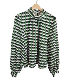 Stine Goya Ashley Retro Check Green Blouse Top Size M High Neck Preppy Academia